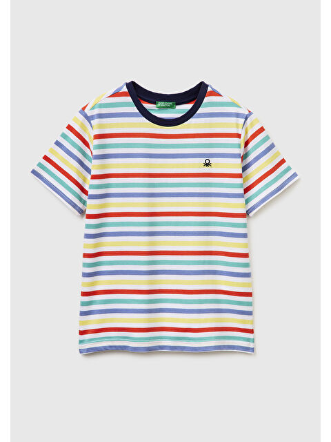 United Colors Of Benetton Erkek Çocuk Açık Mix Çok Renkli Logo İşlemeli Çizgili T-Shirt