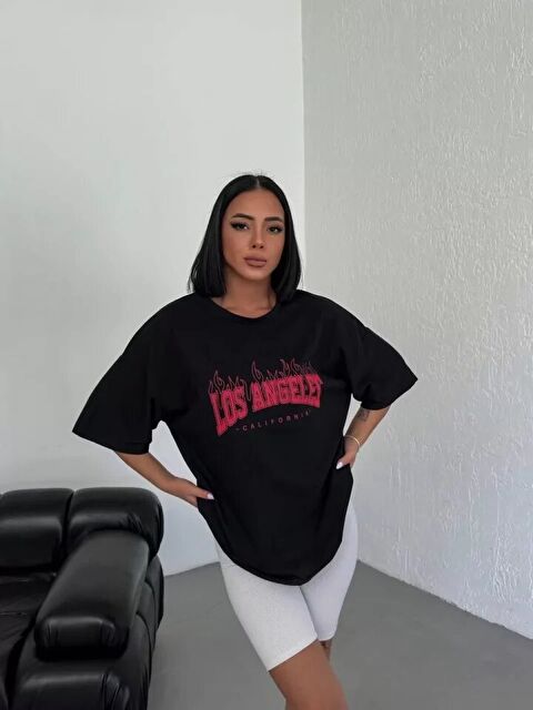 Jane's Unisex Bisiklet Yaka Baskılı Oversize T-Shirt - Siyah