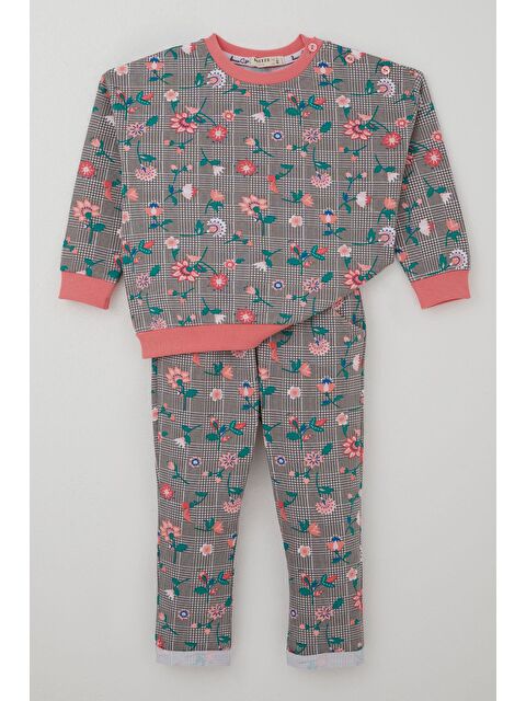 Breeze Kız Bebek Eşofman Takımı Ekose Desenli Çiçek Bahçesi Vizon (9 Ay-3 Yaş) - S000491447-26429