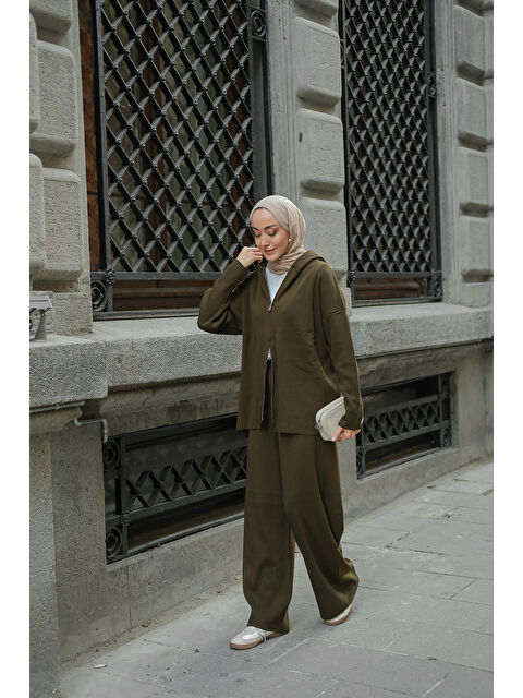 Locco Moda Kadın Kendinden Desenli Triko Takım Haki Yeşil - S000474845-18547