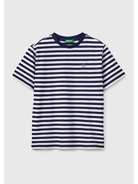 United Colors Of Benetton Erkek Çocuk Koyu Mavi Mix Çok Renkli Logo İşlemeli Çizgili T-Shirt