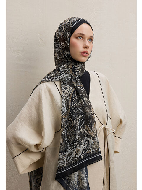 Fresh Scarfs Dark Bohemy Desen İpek Krep Şal Siyah - S000420280-19351