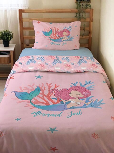Evmila Çift Taraflı Deniz Kızı Desenli Çarşafsız Takım Tek Kişilik Nevresim Takımı 160x220 Cm - S000123294-23173