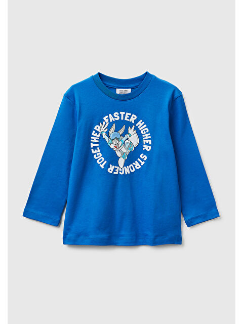 United Colors Of Benetton Erkek Çocuk Mavi Önü ve Arkası Baskı Detaylı Bisiklet Yaka Uzun Kollu T-Shirt