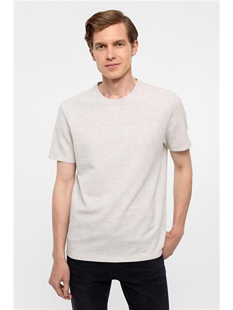 Süvari Bej Regular Armürlü Bisiklet Yaka Tişört - S000460655-19928