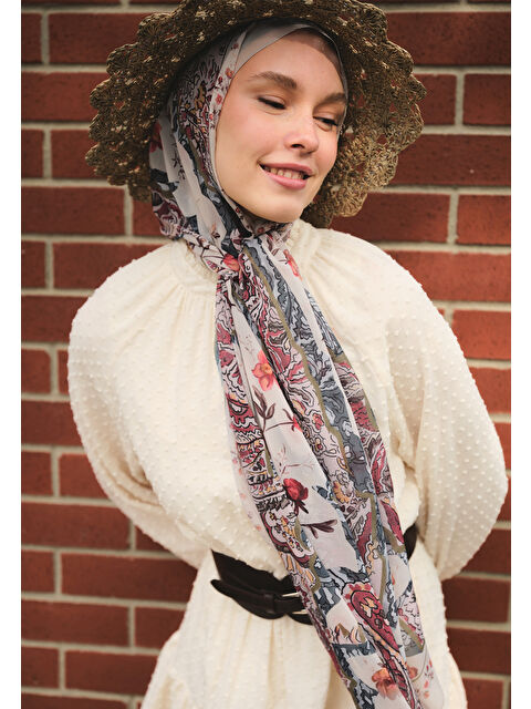 Fresh Scarfs Alıza Desen İpek Krep Şal Bej - S000420376-19928