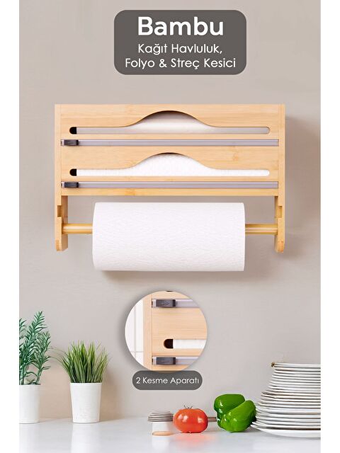 Meleni Home Bambu Streç Film Folyo Kesici Fonksiyonel 2 Bölme Streç Folyo Kesme Kutusu ve Kağıt Havlu Askılığı - S000385425-19928