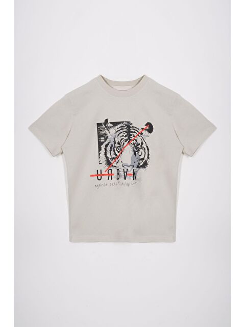 Zepkids Bisiklet Yaka Kaplan Baskılı Taş Renk Erkek Çocuk Tshirt - S000364306-25636