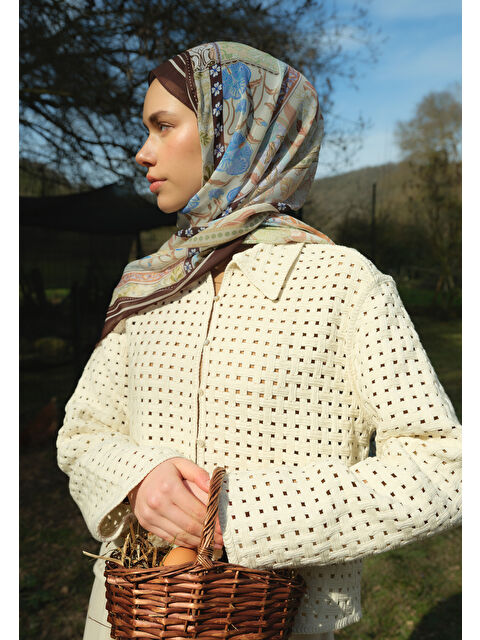 Fresh Scarfs Lılıes Desen İpek Krep Şal Haki - S000420396-18547