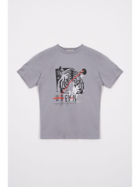 Zepkids Bisiklet Yaka Kaplan Baskılı Gri Renk Erkek Çocuk Tshirt - S000364306-20600