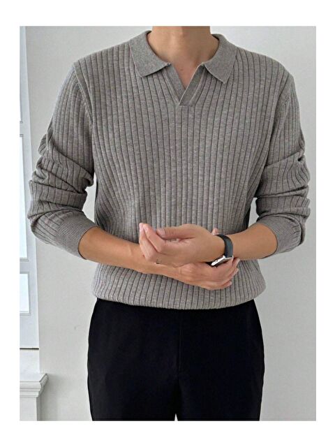 Tarz Cool Koyu Gri Erkek Polo Yaka Fitilli Triko Kazak - S000141623-29351