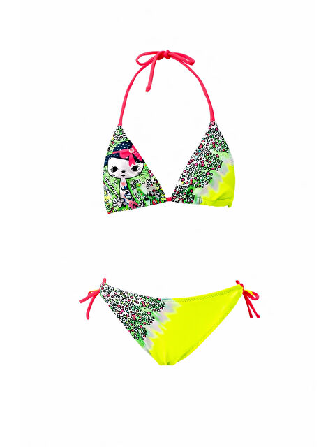 Hazelin Kız Çocuk Neon Sarı Kitty Glow Desenli 4-14 Yaş Üçgen Bikini Takım HZL26S-LC2886