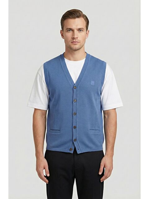 Sabri Özel Giotelli Erkek Mavi Standart Fit Yün Karışımlı Düğmeli Triko Yelek - S000524318-17234