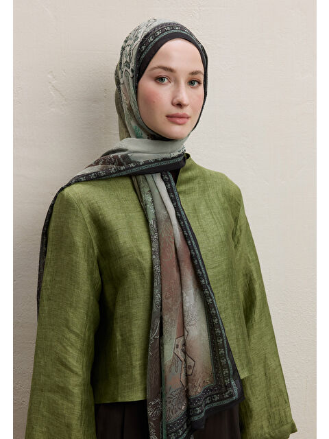 Fresh Scarfs Amelıa Desen İpek Krep Şal Haki - S000420284-18547