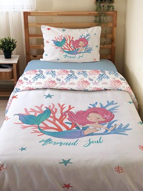 Evmila Çift Taraflı Deniz Kızı Desenli Çarşafsız Takım Tek Kişilik Nevresim Takımı 160x220 Cm - S000123295-23173