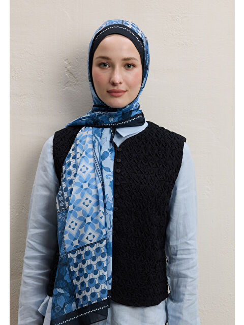 Fresh Scarfs Wıld Botanıcal Desen İpek Krep Şal Lacivert - S000420378-21164