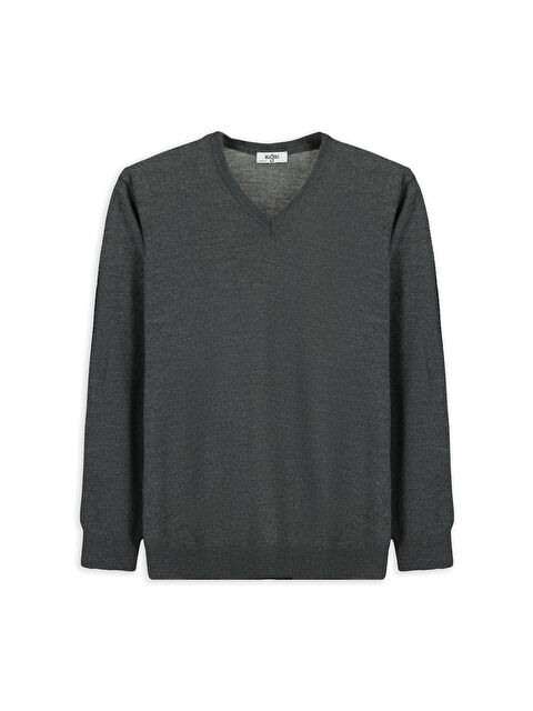 Kiğılı V Yaka Regular Fit Sıcak Tutan Yünlü Triko Kazak