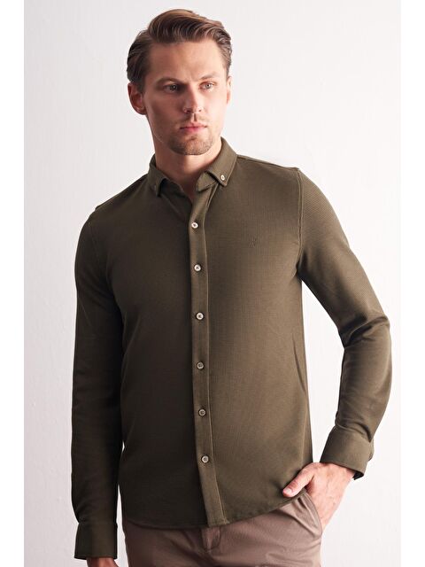 İMZA Haki Uzun Kol Düğmeli Yaka Kendinden Desenli Pamuklu Slim Fit Gömlek 1004255267 - S000505504-18547