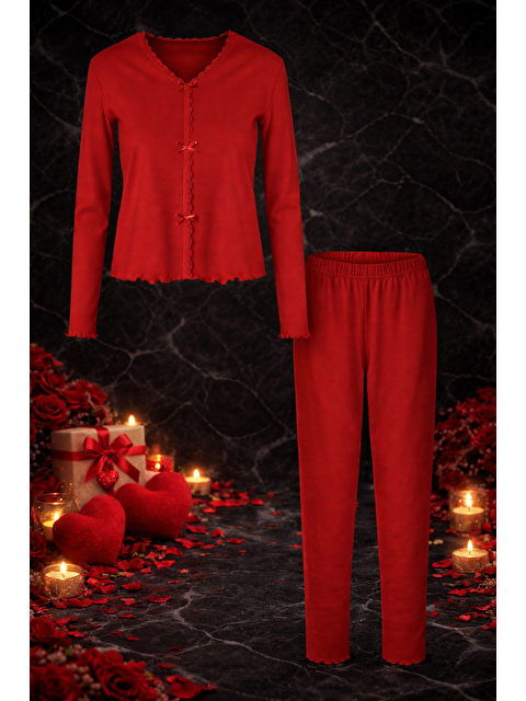 Koza İç Giyim Sevgililer Günü Temalı Kadın Pamuklu Dantel ve Kurdele/Fiyonk Detaylı Kaşkorse Renkli Pijama Takımı - S000325590-20045