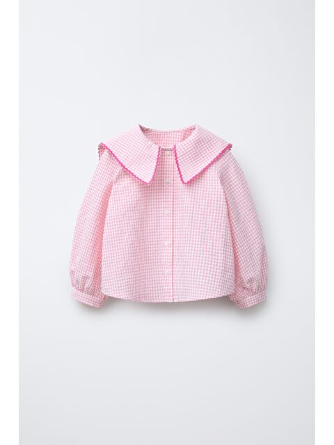 Magu Kız Çocuk Pamuklu Pembe Kareli Gömlek Yaka Bluz Fiyonklu Pantolon Alt-Üst Takım - S000425648-20024