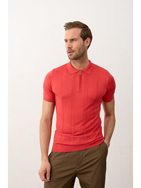 Danger Erkek Fermuarlı Slim-Fit Yazlık Triko Tişört Nar Çiçeği - S000165264-20048