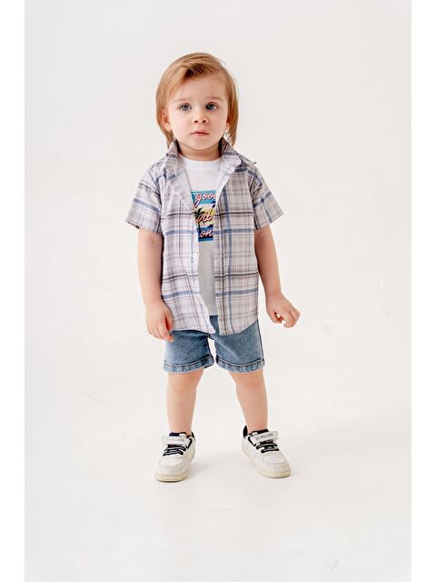 Chicsy Baby Tarz Gömlekli Kareli Belden Ayarlanabilir Kısa Kollu Şortlu 3'lü Takım Bayramlık Düğünlük