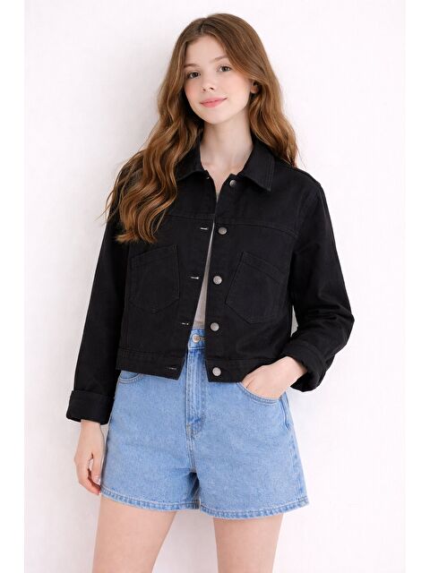 Cansın Mini Siyah Sırtı Düğme Detaylı Kız Çocuk Gabardin Kumaş Ceket 23568 - S000509223-19351