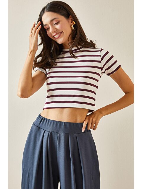 Xhan Mor Bisiklet Yaka Çizgili Crop Tişört 5YXK1-48698-06 - S000219948-20042