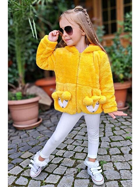 Riccotarz Kız Çocuk Kuzu Kulaklı Önden Çift Cep Detaylı Kapüşonlu Sarı Pelüş Ceket - S000491452-20072