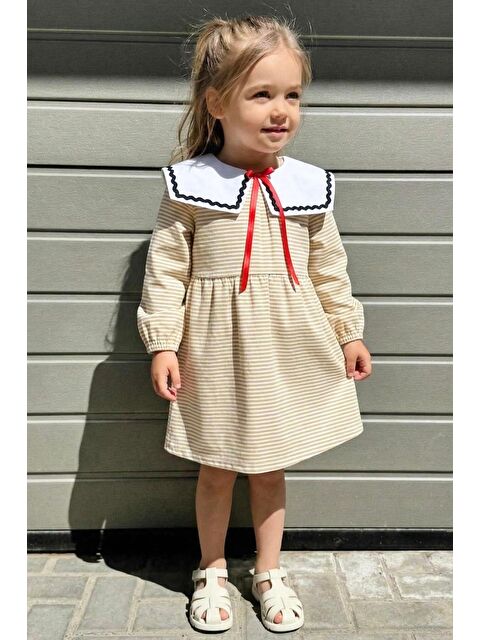 Monila Kız Çocuk Pamuklu Fiyonk Detaylı Uzun Kollu Çizgili Elbise