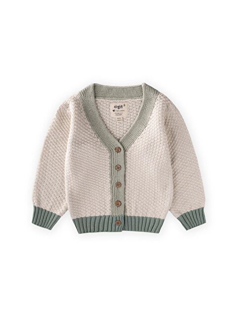 CİGİT Triko Düğmeli Hırka 2-8 Yaş Naturel Yeşil - S000491455-18194