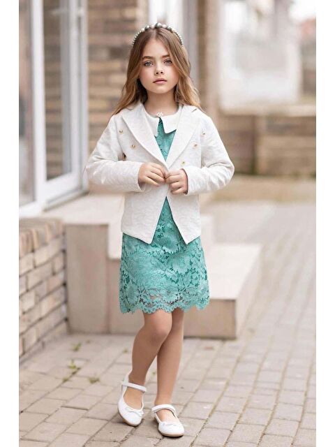 Riccotarz Kız Çocuk Bebe Yaka Üzeri Boydan Dantel İşlemeli Gold Düğme Detaylı Blazer Ceketli Turkuaz Elbise - S000491454-20055