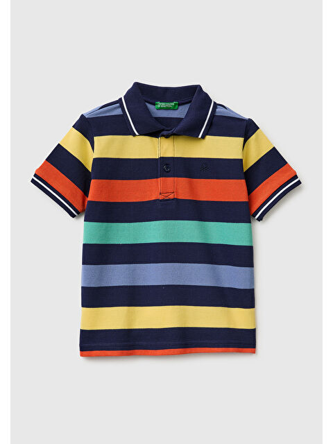 United Colors Of Benetton Erkek Çocuk Koyu Mix Çizgili Logo Nakışlı Polo Yaka Küçük Çocuk T-Shirt