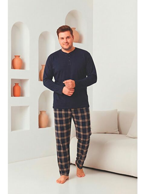 Formo Erkek %100 Doğal Pamuk Ekoseli Uzun Kollu Düğmeli Yüksek Kaliteli Battal Pijama Takımı - S000527206-19351