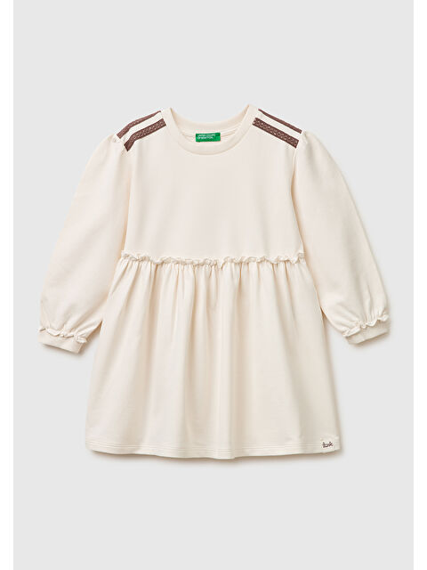 United Colors Of Benetton Kız Çocuk Ekru Kurdele Detaylı Bisiklet Yaka Sweatshirt Elbise
