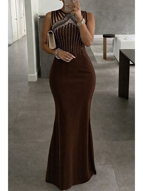 Jane's Kadın Omuz çoklu Askılı önü Taş Işlemeli Balık Kesim Janjan Krep Maxi Boy Elbise