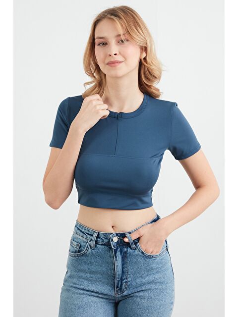 Fullamoda Basic Yarım Fermuarlı Dalgıç Kumaş Crop Tişört - S000401554-29666