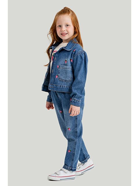 Cansın Mini Pembe Çilek Nakışlı Jean Ceketli Pantolonlu Kız Çocuk 3lü Takım 23429 - S000486487-20024