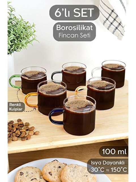 Meleni Home 6'lı Renkli Kulplu Kahve Fincan Takımı Borosilikat Cam Espresso Kahve Bardağı 100 ml - S000385021-23173