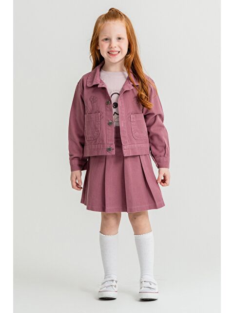 Cansın Mini Mor Papatya Nakışlı Ceketli Kız Çocuk Jean Ceketli 3lü Takım 23432 - S000486485-20042