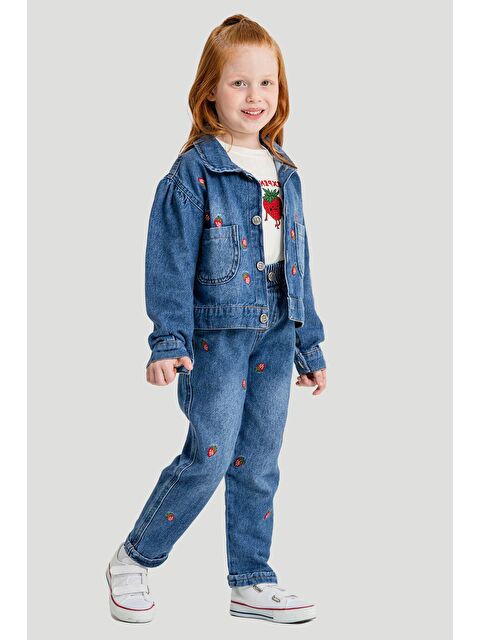 Cansın Mini Kırmızı Çilek Nakışlı Jean Ceketli Pantolonlu Kız Çocuk 3lü Takım 23430 - S000486487-20045
