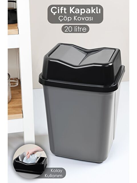 Meleni Home Çift Kapaklı Plastik Çöp Kovası Ev Ofis Banyo Mutfak Çöp Kovası Gri 20 Litre - S000385022-20600