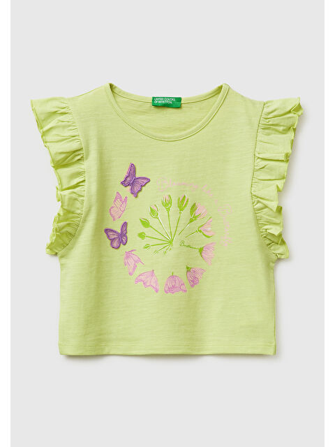 United Colors Of Benetton Kız Çocuk Sarı İşlemeli Kelebek Baskılı Kolları Fırfırlı T-Shirt