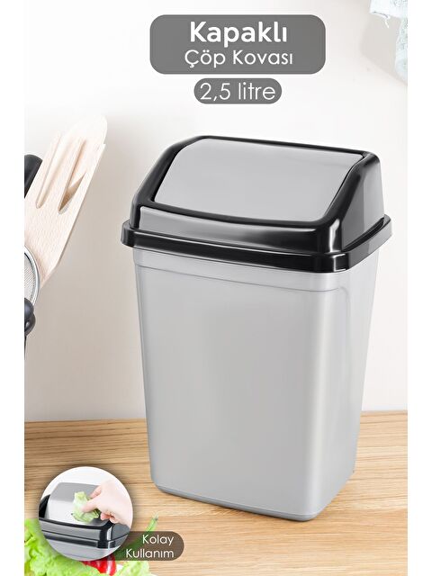Meleni Home Kapaklı Plastik Çöp Kovası Ev Ofis Banyo Mutfak Tezgah Üstü Çöp Kovası Gri 2,5 lt'litre - S000385023-20600