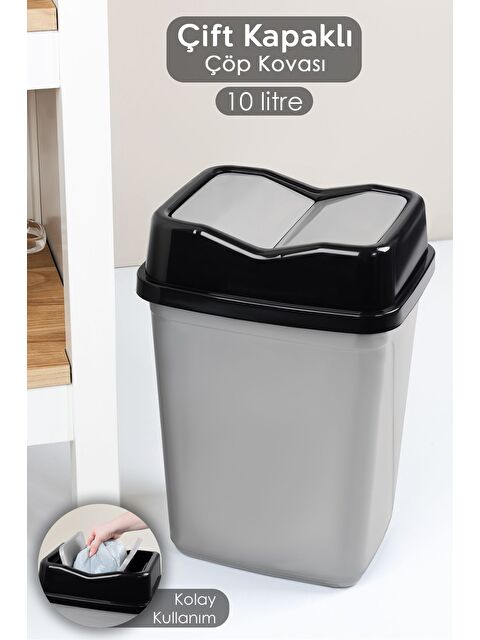 Meleni Home Çift Kapaklı Plastik Çöp Kovası Ev Ofis Banyo Mutfak Çöp Kovası Gri 10 Litre - S000385026-20600
