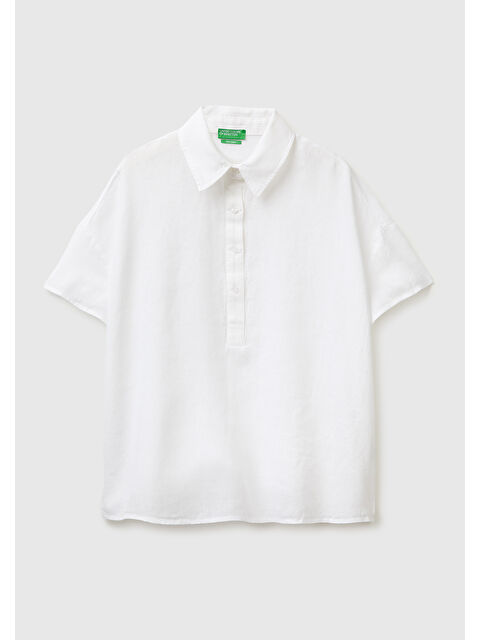 United Colors Of Benetton Kadın Beyaz %100 Keten Düşük Omuzlu  Polo Yaka Kısa Kollu Bluz