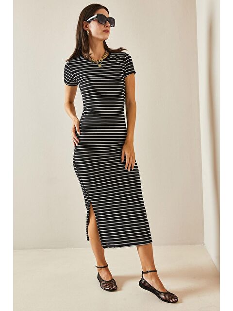 Xhan Siyah Bisiklet Yaka Çizgili midi elbise 5YXK6-48676-02 - S000229738-19351