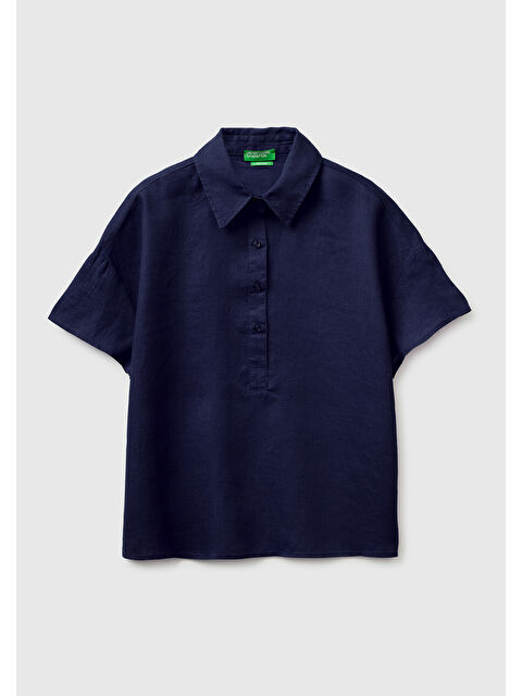 United Colors Of Benetton Kadın Lacivert %100 Keten Düşük Omuzlu  Polo Yaka Kısa Kollu Bluz