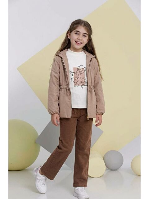 Pina Kids Kız Çocuk Nova Kumaş Taşlı Trençkot ,Penye, Keten Pantolonlu Alt Üst Takım TKM1011