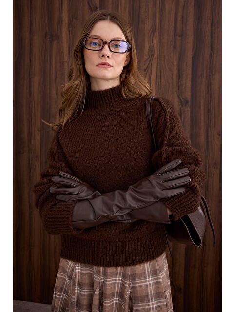 HE-QA %100 Deri Uzun Eldiven Acı Kahve